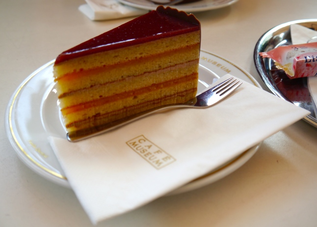 I had a piece of the many-layered Landtmann torte, which was a light vanilla cake with marzipan, along with an Eiskaffee, of course!